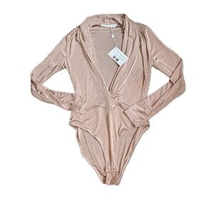 ASTR THE LABEL *NWT* Shimmer Nude Blush Surplice Long Sleeve Bodysuit | Sz M